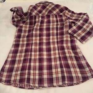 Women Plaid 100% Cotton Shirt Size M Burgundy Beige Country Style Elastic Waist